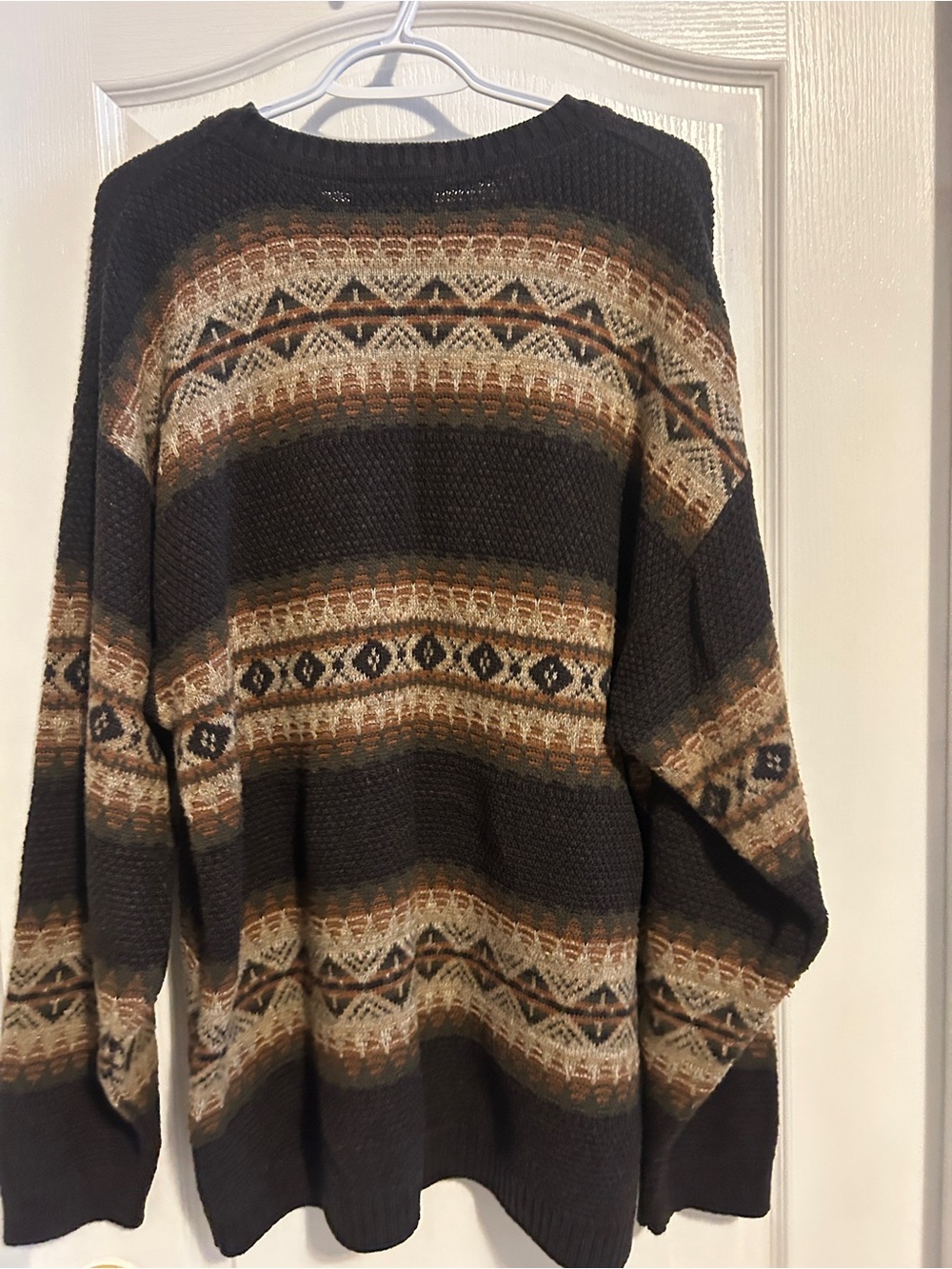 Cherokee Black Crewneck Sweater with Brown and Cream Fair Isle Pattern